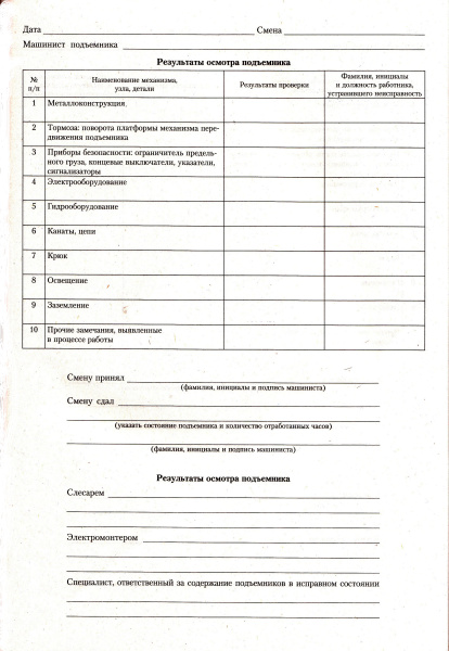 Вахтенный журнал машиниста подъемника.