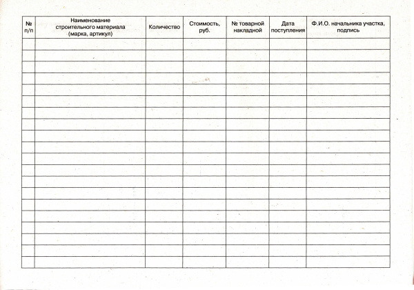 Журнал учета строительных материалов.