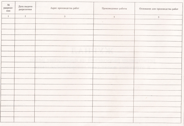 Журнал регистрации разрешений на проведение работ в охранных зонах сети газораспределения (приложение И к ГОСТ Р 56880-2016).
