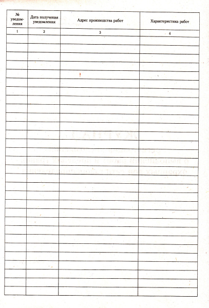 Журнал регистрации уведомлений о выполнении работ в пределах границ охранных зон сети газораспределения (приложение Н к ГОСТ Р 56880-2016).