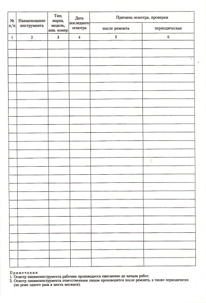 Журнал учета, осмотра и выдачи пневматического инструмента.